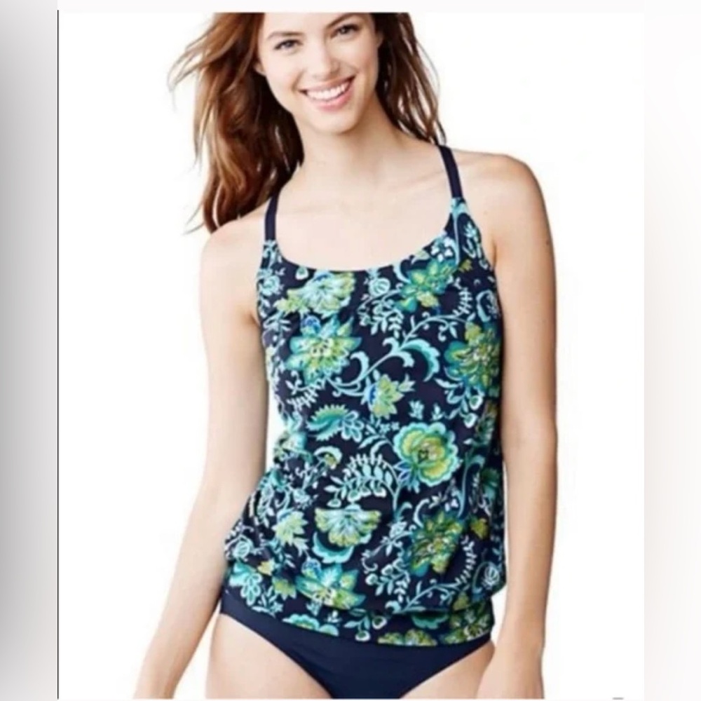 LANDS END Tankini Beach Living Floral Paisley Blue Turquoise Padded Blouson Top